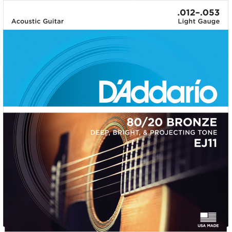 D'Addario EJ11 80/20 Bronze Acoustic Guitar Strings, Light, 12-53 EJ11 D'Addario $8.59
