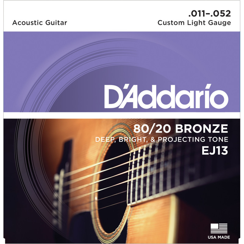 D'Addario EJ13 80/20 Bronze Acoustic Guitar Strings, Custom Light, 11-52