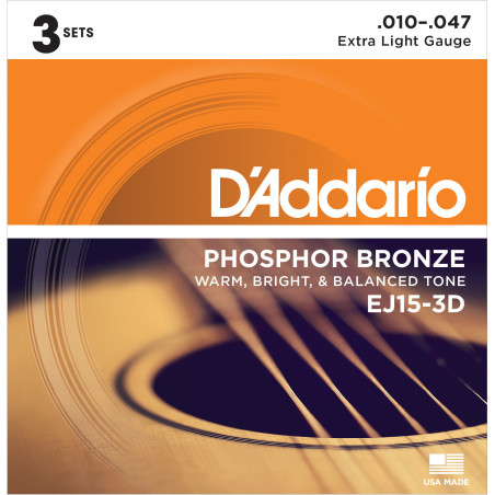 D'Addario EJ15-3D Phosphor Bronze Acoustic Guitar Strings, Extra Light, 3 Sets EJ15-3D D'Addario $22.95