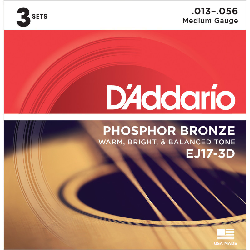 D'Addario EJ17-3D Phosphor Bronze Acoustic Guitar Strings, Medium, 13-56, 3 Sets EJ17-3D D'Addario $21.89