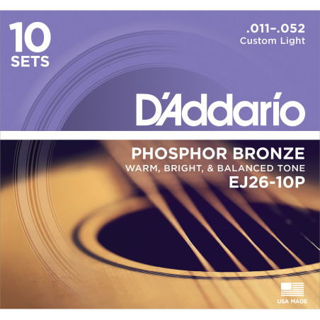 D'Addario EJ26-10P Phosphor Bronze Acoustic Guitar Strings, Custom Light, 11-52, 10 Sets EJ26-10P D'Addario $70.50