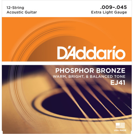 D'Addario EJ41 12-String Phosphor Bronze Acoustic Guitar Strings, Extra Light, 9-45 EJ41 D'Addario $14.10