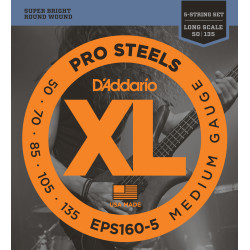 D'Addario EPS160-5 5-String ProSteels Bass Guitar Strings, Medium, 50-135, Long Scale