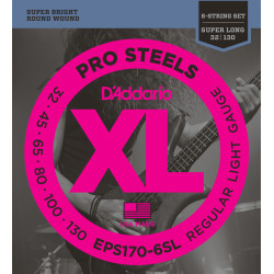 D'Addario EPS170-6SL 6-String ProSteels Bass Guitar Strings, Light, 30-130, Super Long Scale