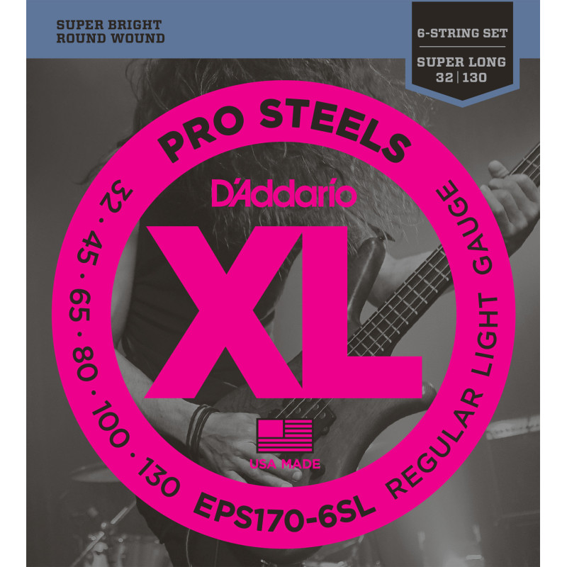 D'Addario EPS170-6SL 6-String ProSteels Bass Guitar Strings, Light, 30-130, Super Long Scale EPS170-6SL D'Addario $38.74