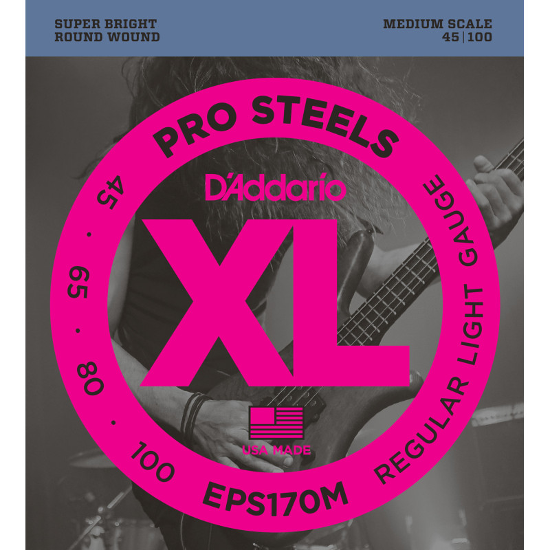 D'Addario EPS170M ProSteels Bass Guitar Strings, Light, 45-100, Medium Scale EPS170M D'Addario $24.50