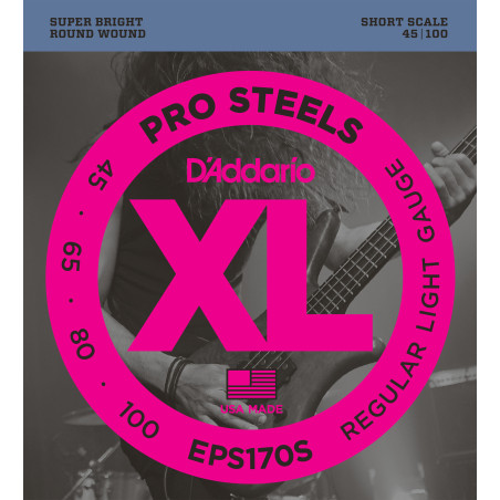 D'Addario EPS170S ProSteels Bass Guitar Strings, Light, 45-100, Short Scale