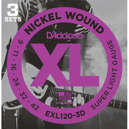 D'Addario EXL120-3D Nickel Wound Electric Guitar Strings, Super Light, 9-42, 3 Sets EXL120-3D D'Addario $24.49