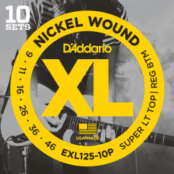 D'Addario EXL125-10P Nickel Wound Electric Guitar Strings, Super Light Top/Regular Bottom, 9-42, 10 Sets EXL125-10P D'Addario...