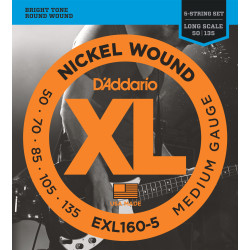 D'Addario EXL160-5 5-String Nickel Wound Bass Guitar Strings, Medium, 50-135, Long Scale