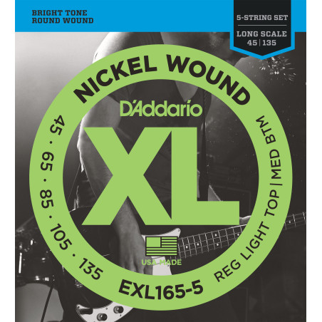 D'Addario EXL165-5 String Nickel Wound Bass Guitar Strings, Custom Light, 45-135, Long Scale EXL165-5 D'Addario $35.99