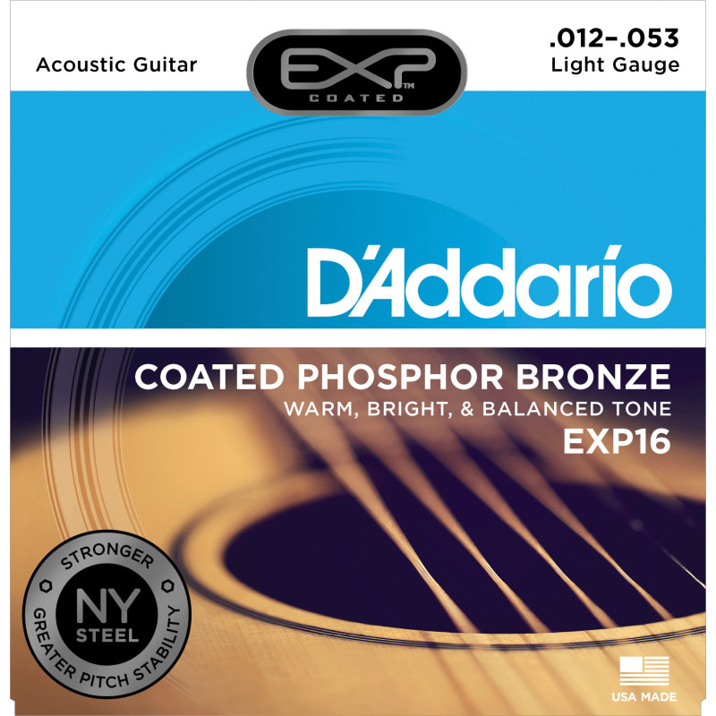 D'Addario EXP16 Coated Phosphor Bronze Acoustic Guitar Strings, Light, 12-53