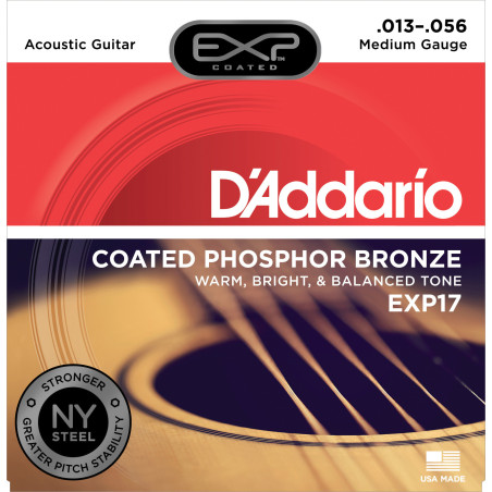 D'Addario EXP17 Coated Phosphor Acoustic Guitar Strings, Medium, 13-56