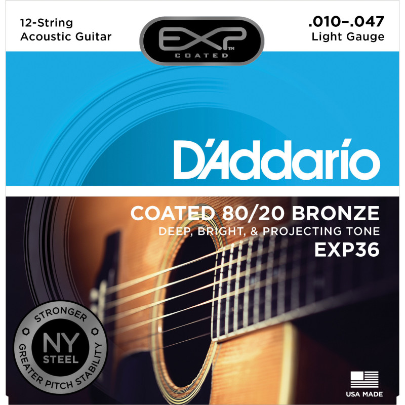 D'Addario EXP36 Coated 80/20 Bronze 12-String Acoustic Guitar Strings, Light, 10-47