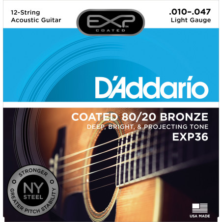 D'Addario EXP36 Coated 80/20 Bronze 12-String Acoustic Guitar Strings, Light, 10-47