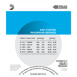 D'Addario EXPPBB170-5 Phosphor Bronze Coated 5-String Acoustic Bass Strings, Long Scale, 45-130 EXPPBB170-5 D'Addario $56.72