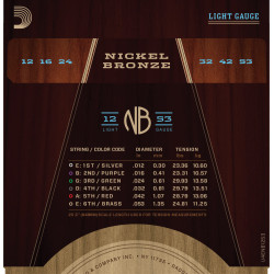 D'Addario NB1253 Nickel Bronze Acoustic Guitar Strings, Light, 12-53