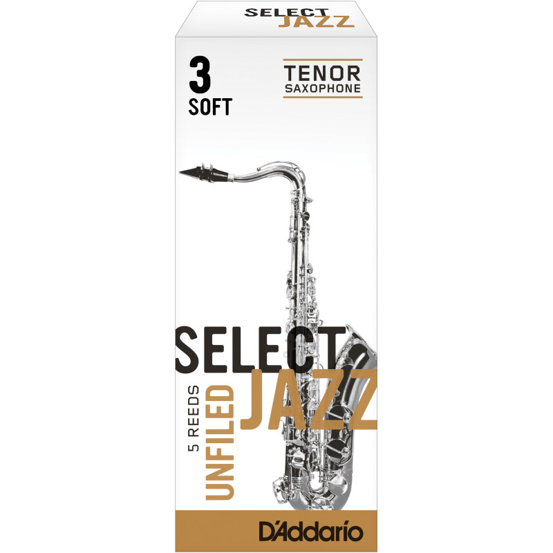 Rico Select Jazz Tenor Sax Reeds, Unfiled, Strength 3 Strength Soft, 5-pack