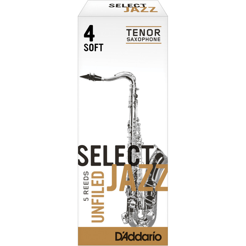 Rico Select Jazz Tenor Sax Reeds, Unfiled, Strength 4 Strength Soft, 5-pack