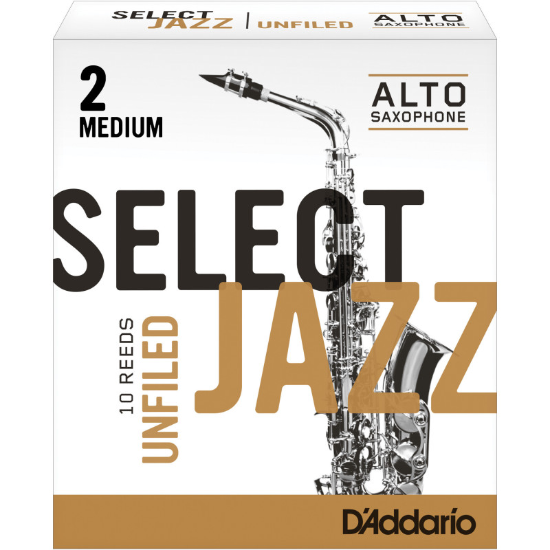Rico Select Jazz Alto Sax Reeds, Unfiled, Strength 2 Strength Medium, 10-pack