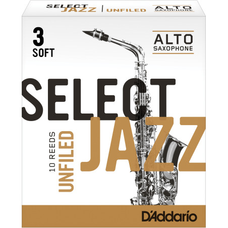 Rico Select Jazz Alto Sax Reeds, Unfiled, Strength 3 Strength Soft, 10-pack