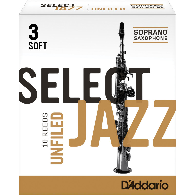 Rico Select Jazz Soprano Sax Reeds, Unfiled, Strength 3 Strength Soft, 10-pack