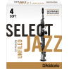 Rico Select Jazz Soprano Sax Reeds, Unfiled, Strength 4 Strength Soft, 10-pack