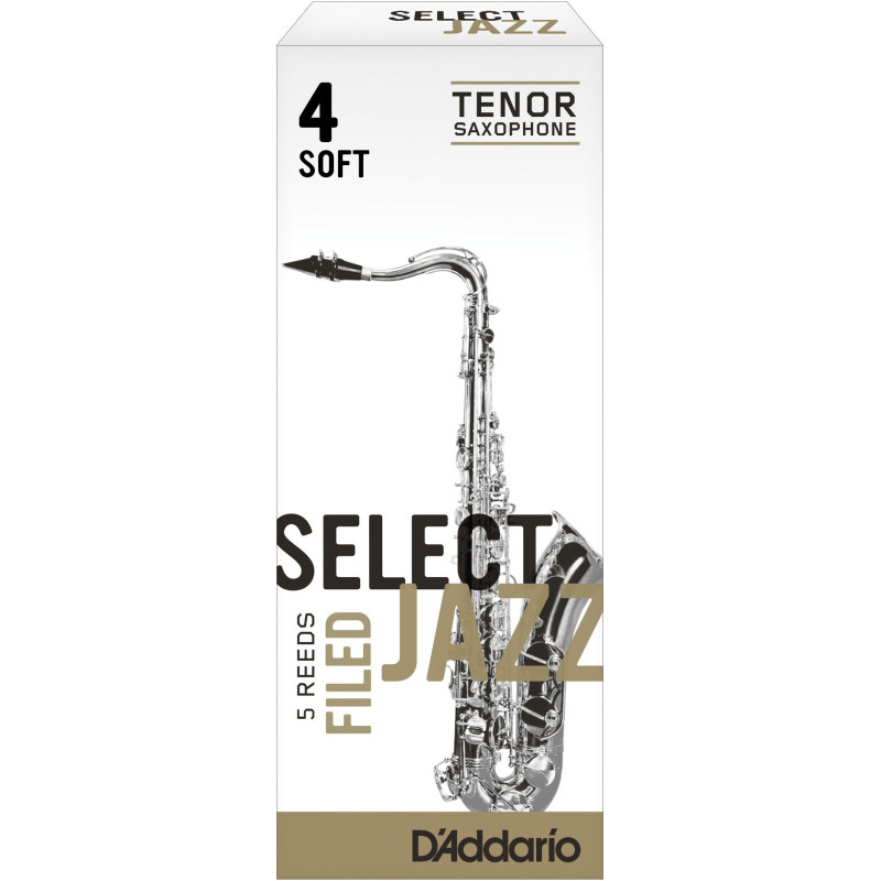 Rico Select Jazz Tenor Sax Reeds, Filed, Strength 4 Strength Soft, 5-pack