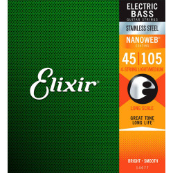 Elixir - 4-String Light/Medium, Acier Inoxydable à Longue Échelle Basse Électrique avec Revêtement Nanoweb - 45-105 14677 ELI...