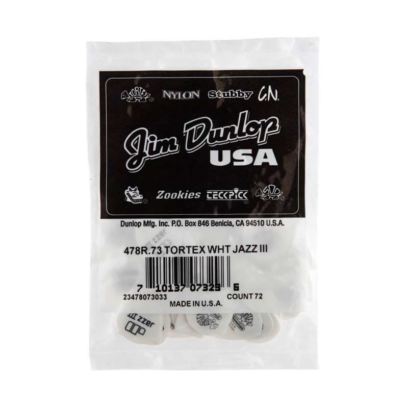 .73mm Tortex® White Jazz III Guitar Pick (72/pack)