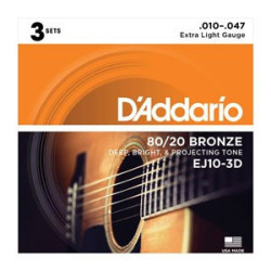D'Addario EJ10-3D Bronze Acoustic Guitar Strings, Extra Light, 3 Sets