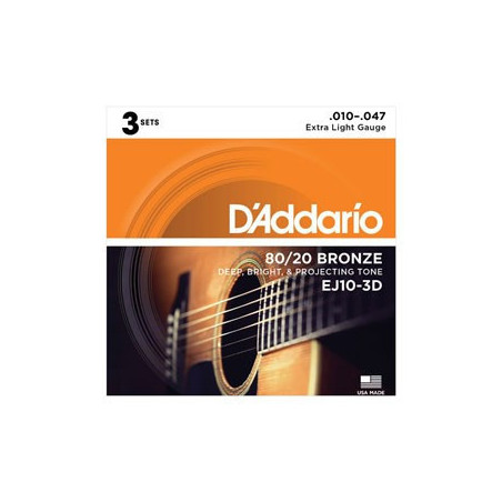 D'Addario EJ10-3D Bronze Acoustic Guitar Strings, Extra Light, 3 Sets