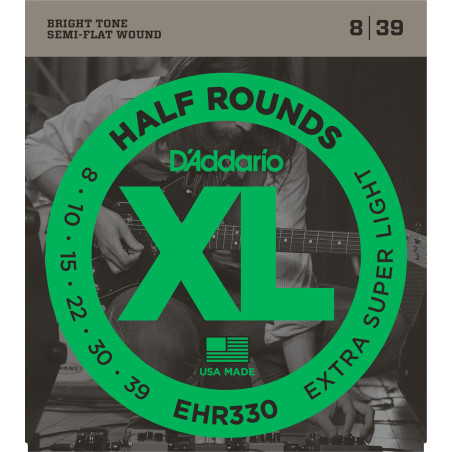 D'Addario EHR330 Half Round Electric Guitar Strings, Extra-Super Light, 8-39