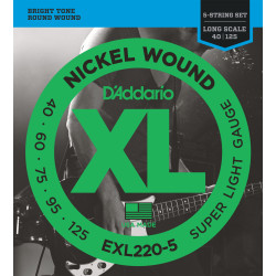 D'Addario EXL220-5 5-String Nickel Wound Bass Guitar Strings, Super Light, 40-125, Long Scale