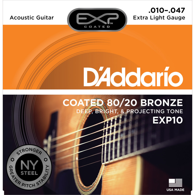 D'Addario EXP10 Coated Acoustic Guitar Strings, 80/20, Extra Light, 10-47