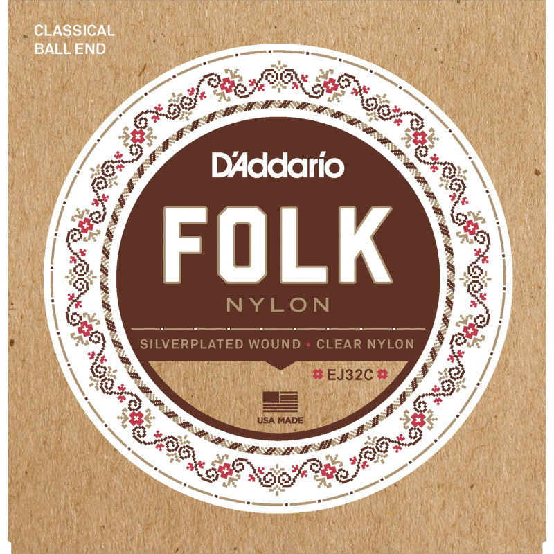 D'Addario EJ32C Folk Nylon Guitar Strings, Ball End, Silver Wound/Clear Nylon Trebles