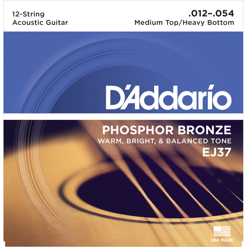 D'Addario EJ37 12-String Phosphor Bronze Acoustic Guitar Strings, Medium Top/Heavy Bottom, 12-54