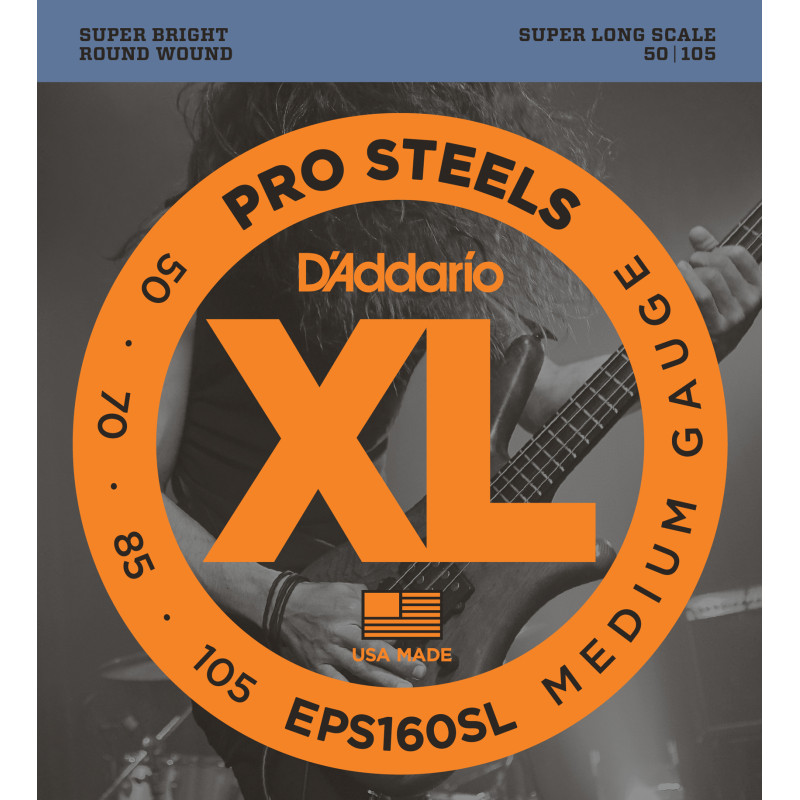 D'Addario EPS160SL ProSteels Bass Guitar Strings, Medium, 50-105, Super Long  Scale