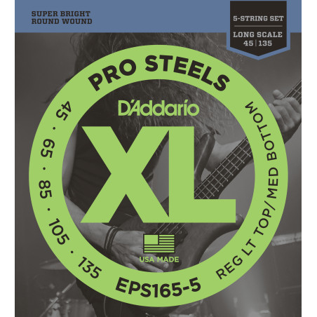 D'Addario EPS165-5 5-String ProSteels Bass Guitar Strings, Custom Light, 45-135, Long Scale