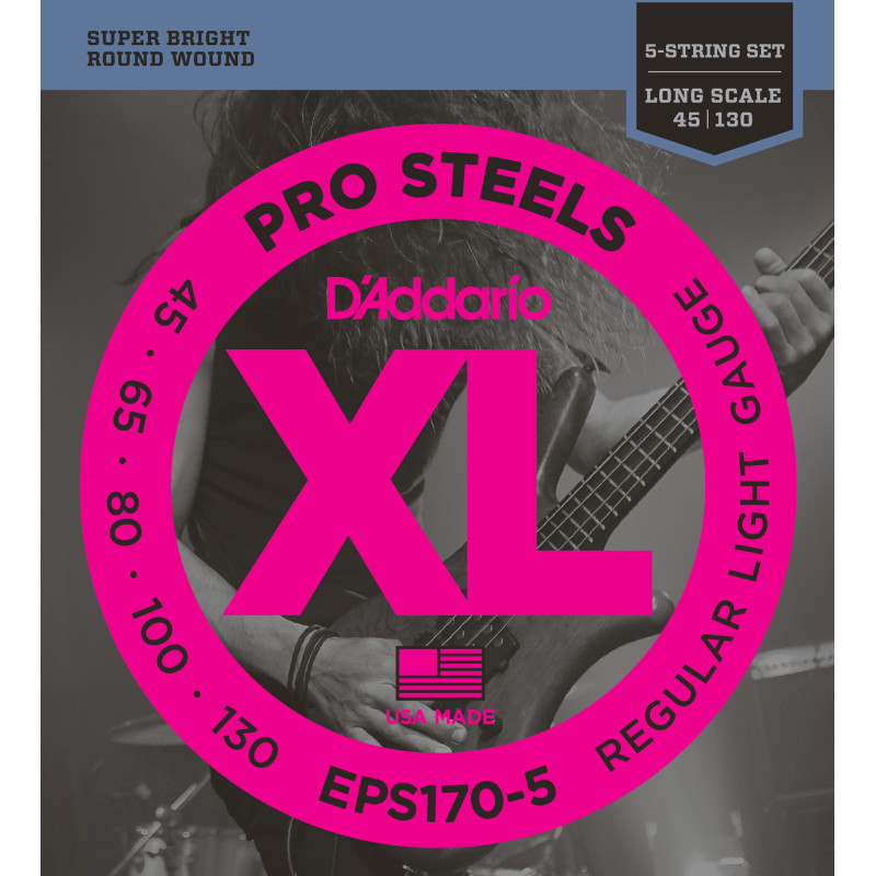 D'Addario EPS170-5 5-String ProSteels Bass Guitar Strings, Light, 45-130, Long Scale