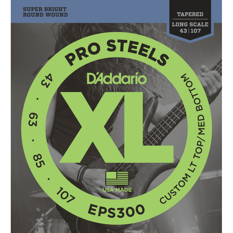 D'Addario EPS300 ProSteels Bass Guitar Strings, Custom Light, 43-107, Long Scale