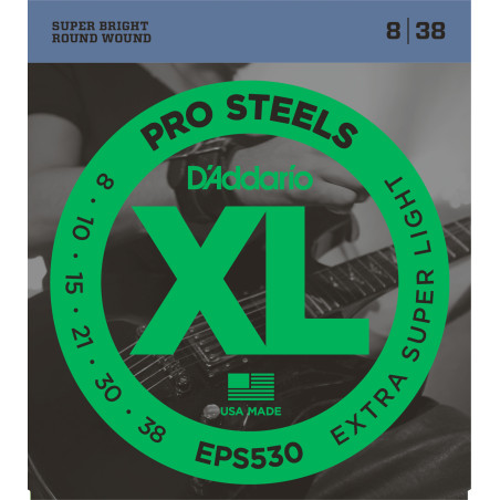 D'Addario EPS530 ProSteels Electric Guitar Strings, Extra-Super Light, 8-38