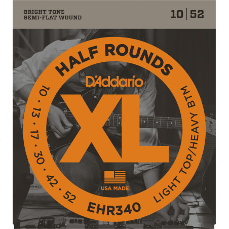 D'Addario EHR340 Half Round Electric Guitar Strings, Light Top/Heavy Bottom, 10-52