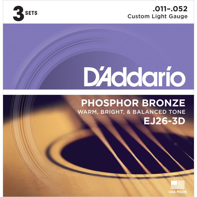 D'Addario EJ26-3D Phosphor Bronze Acoustic Guitar Strings, Custom Light, 11-52, 3 Sets