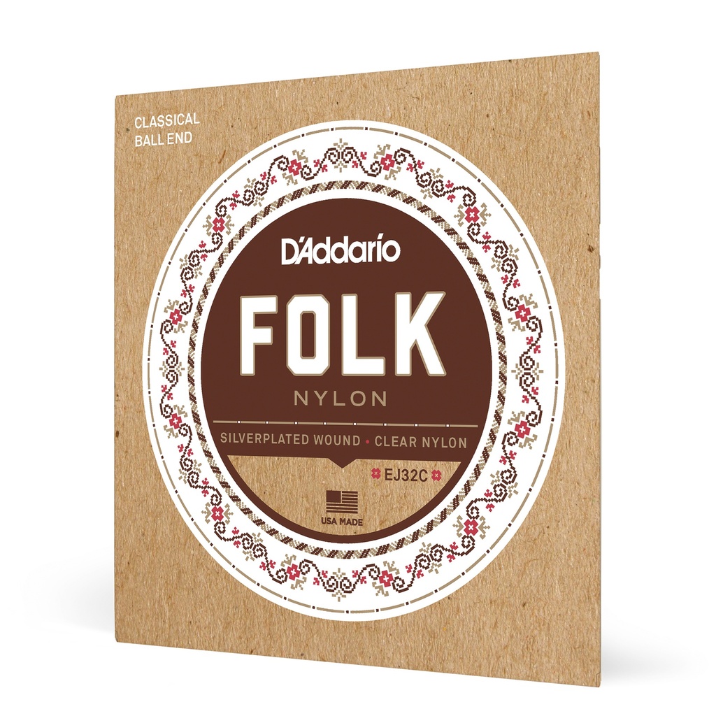 Cordes pour guitare folk D'Addario EJ32C nylon, extrémité à boule, filet argent/aiguës en nylon transparent