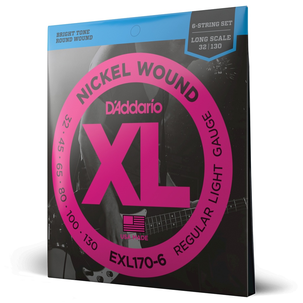 D'Addario EXL170-6 6-String Nickel Wound Bass Guitar Strings, Light, 32-130, Long Scale