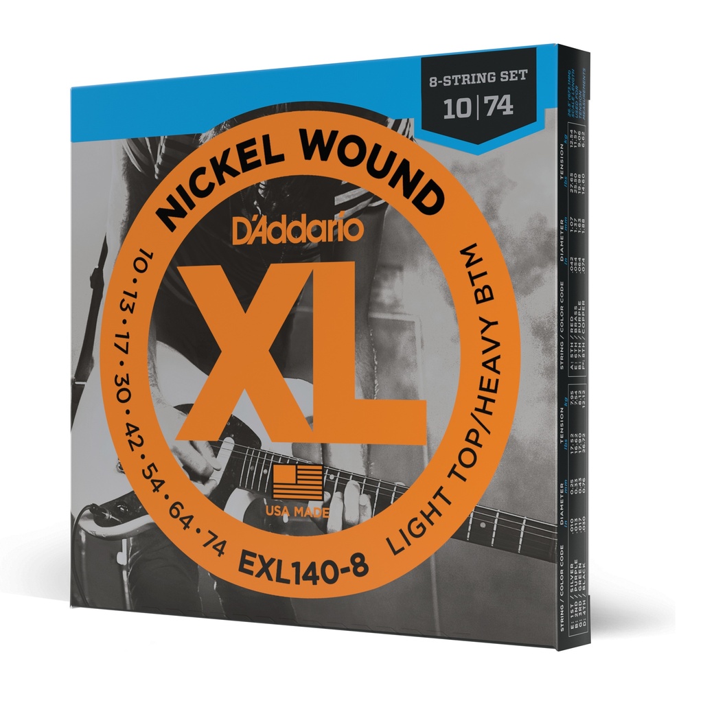 D'Addario Cordes en nickel pour guitare électrique 8 cordes D'Addario EXL140-8, Light Top/Heavy Bottom, 10-74