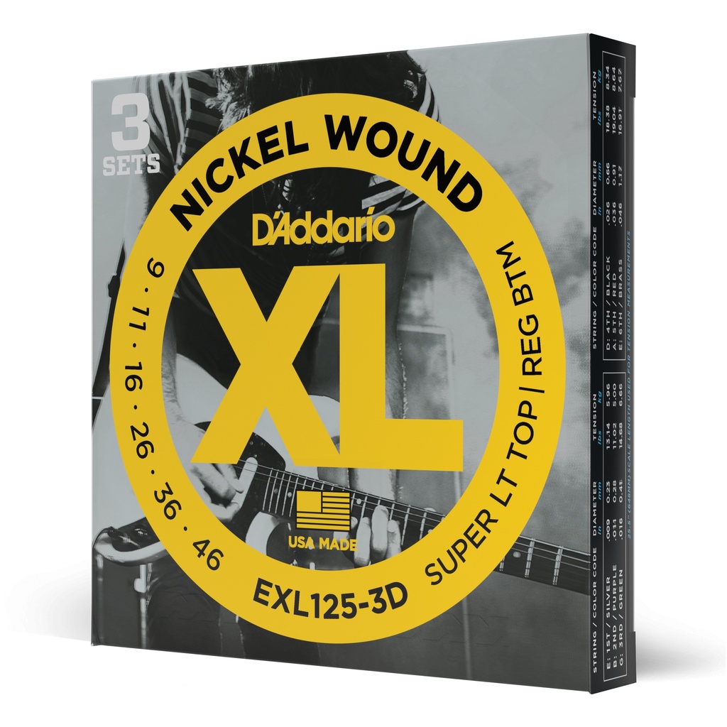 D'Addario Cordes en nickel pour guitare électrique D'Addario EXL125-3D, Super Light Top/Regular Bottom, 9-42, 3 Jeux