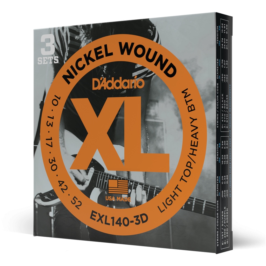 D'Addario EXL140-3D Nickel Wound Electric Guitar Strings, Light Top/Heavy Bottom, 10-52, 3 sets
