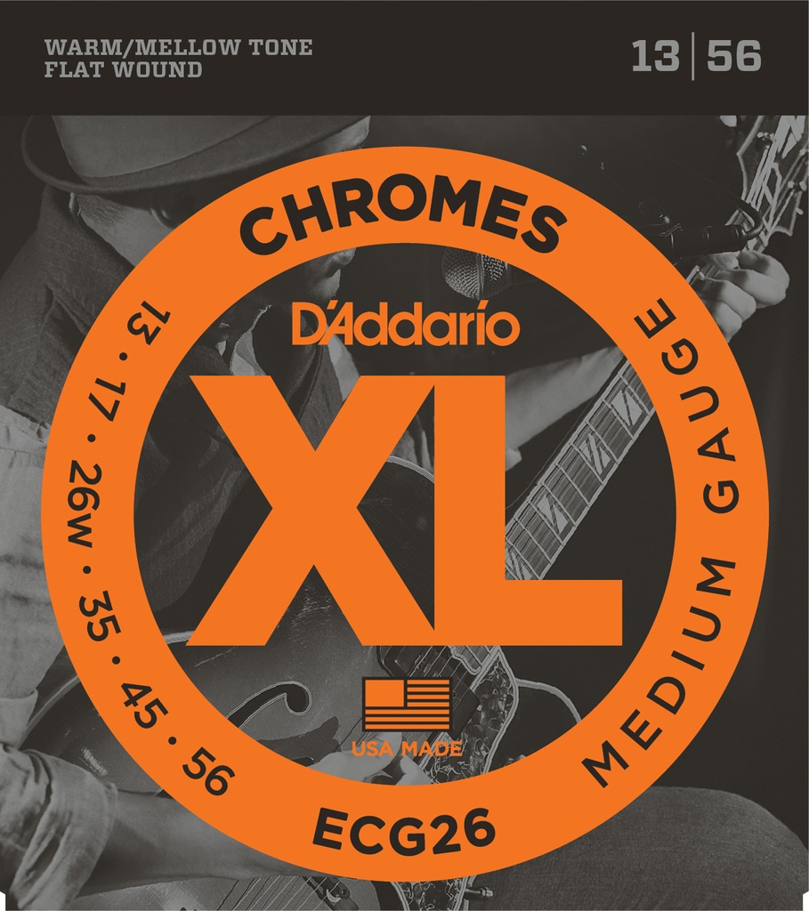 D'Addario ECG26 Chromes Flat Wound Electric Guitar Strings, Medium, 13-56,